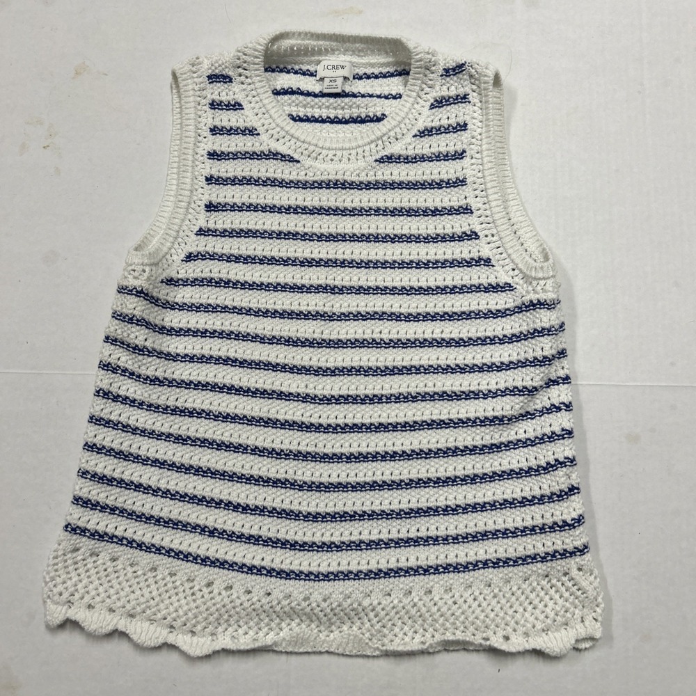 J.Crew Women's Vest XS BZ995 Knit Striped Crochet Sweater Tank Top Blue & White